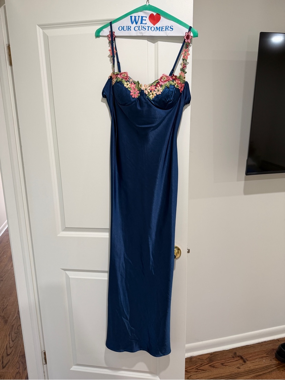 Navy Satin Midi Dress with Floral Embroidered Straps